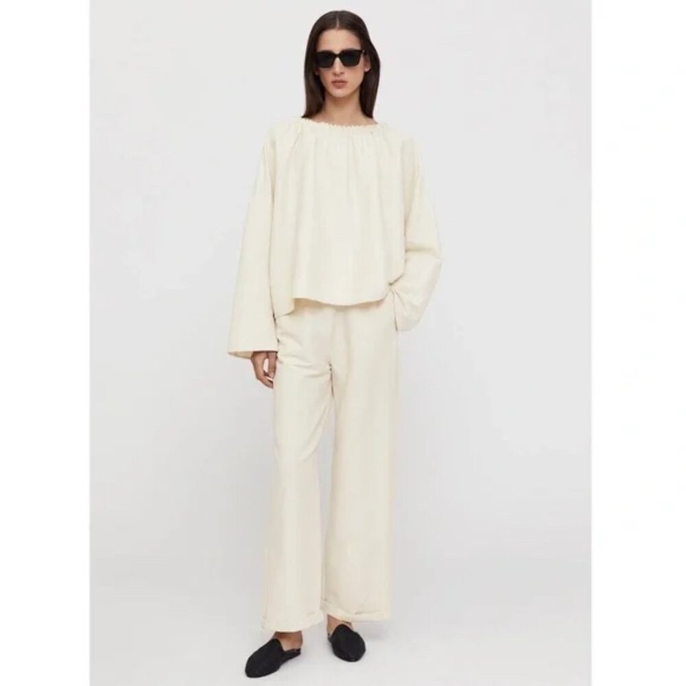 TOTEME Stretch Linen Wide-Leg Slacks Trousers in Cava Beige Size EU 34 US 2
